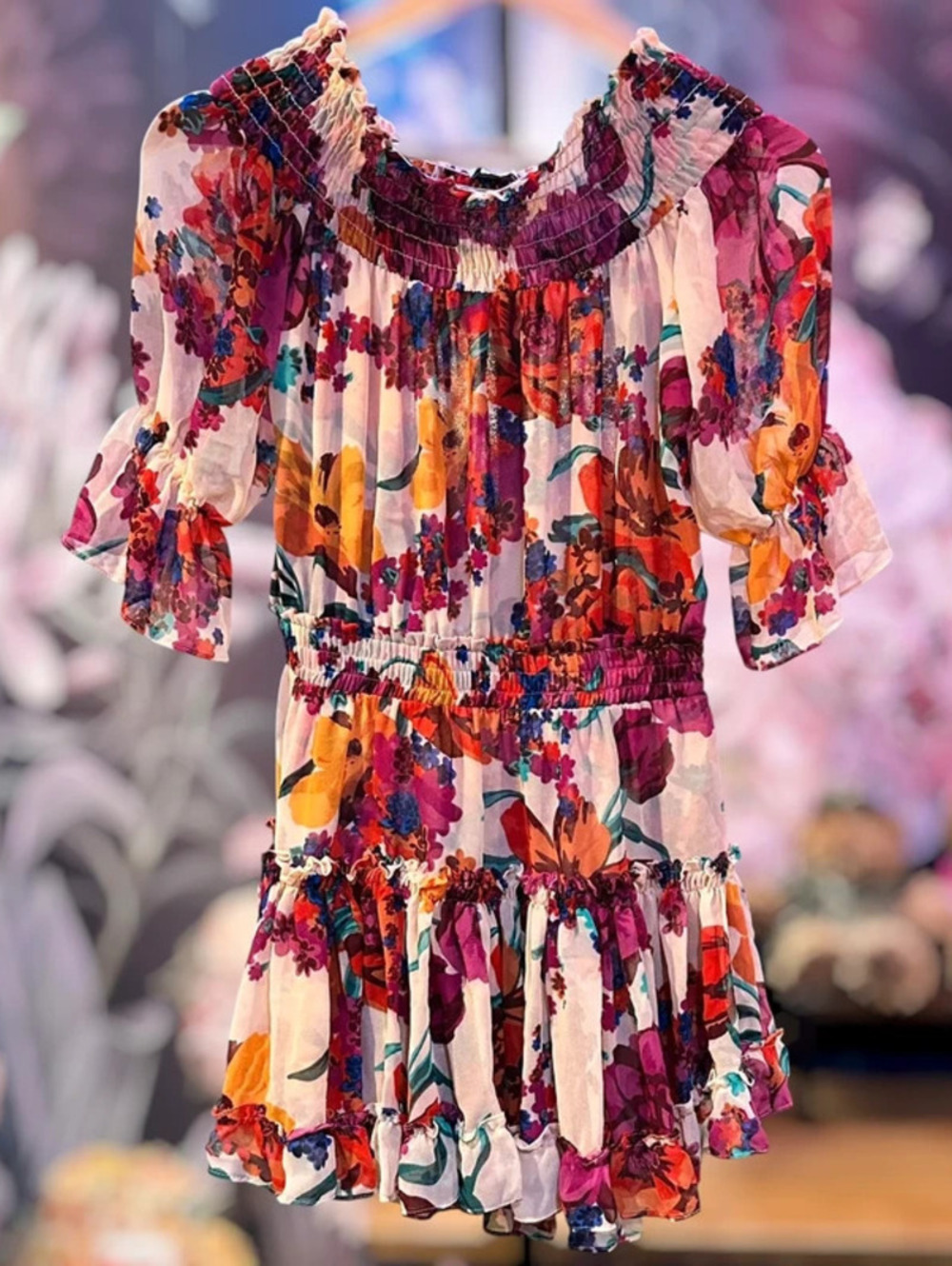 Misa XS Floral Smocked Mini Dress Puff Sleeve Tiered Ruffle Cottagecore Viscose